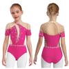 Kids Figure Skating Wear Short Sleeve Leotard Cutout Back Sheer Mesh Patchwork Shiny Rhinestones
