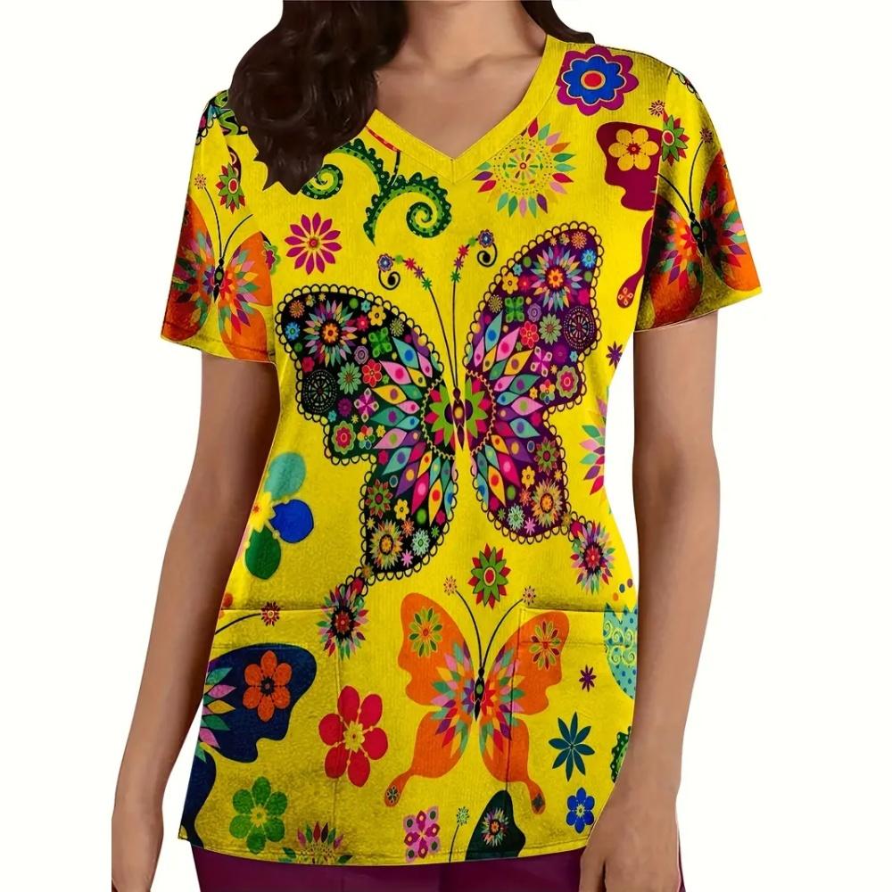 

Мода метелик друк хірургічна уніформа жінка мікроеластична V-подібним вирізом з кишенями клінічна уніформа короткий рукав медичний одяг XL