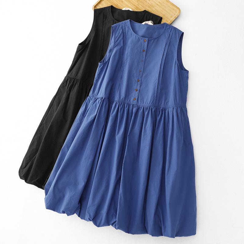 Women's Casual Japanese Blue Sleeveless Lantern Dress