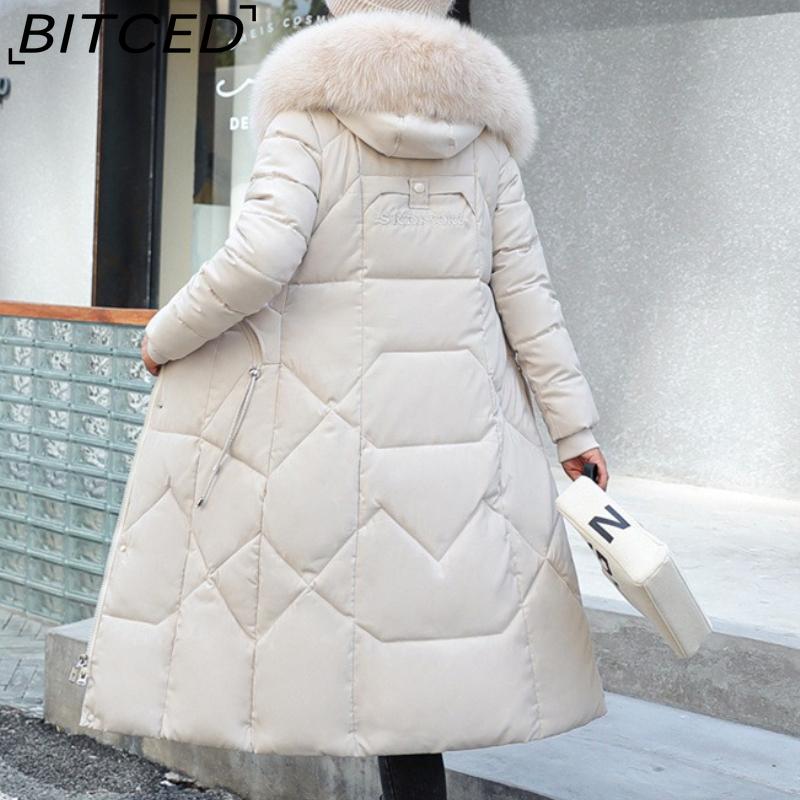 BITCED Winter Fashion Plus Size Cotton Coat for Women Long Waist-cinched Knee-length Thickened Coat with Large Fur Collar
