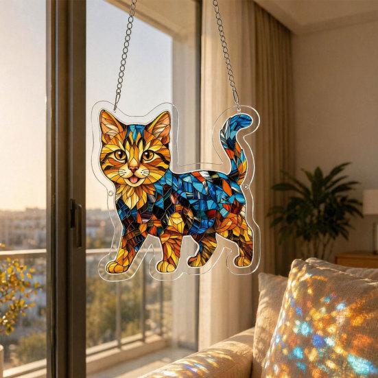 Cat Stained Glass Pendant with Easy Hang Style Suncatcher Acrylic Metal Chain Window
