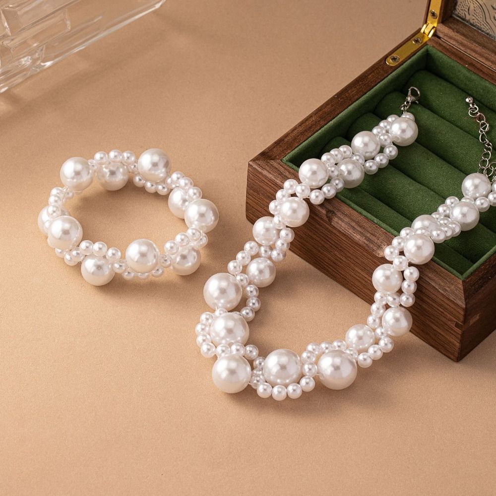 Light Luxury Pearl Necklace Bracelet Set Hand Bangle Women Jewelry Set  Party