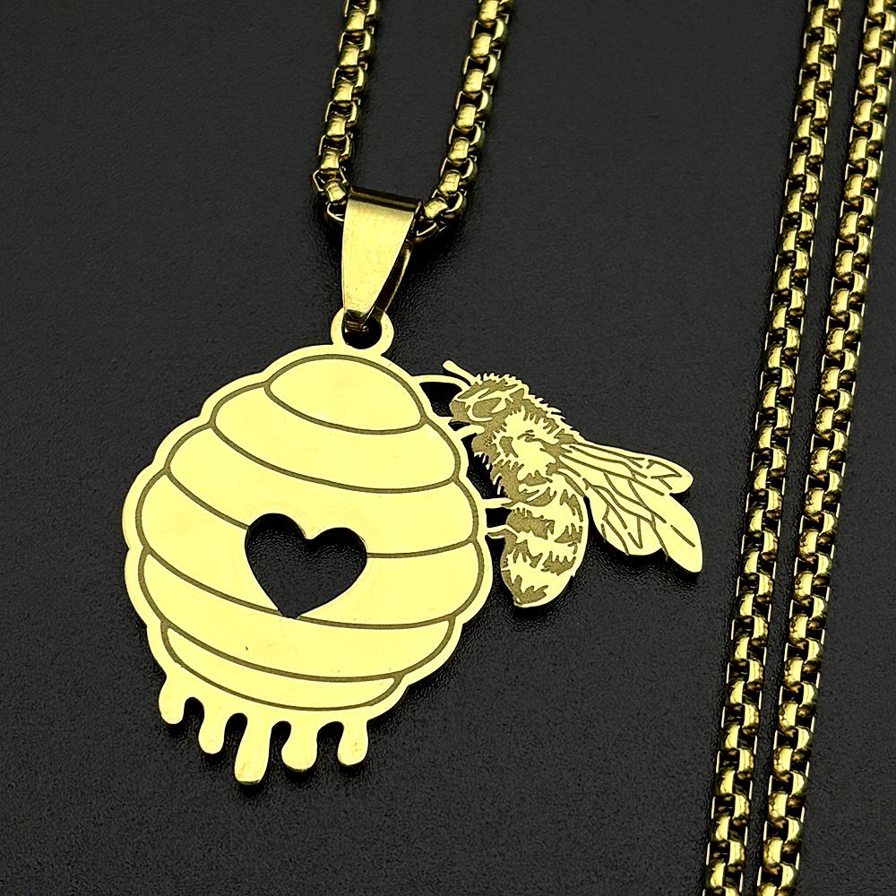 Honeycomb Bee Heart Pendant Necklace For Women Couple Stainless Steel Gold Color Sweet Love Chain Jewelry Valentine Gift