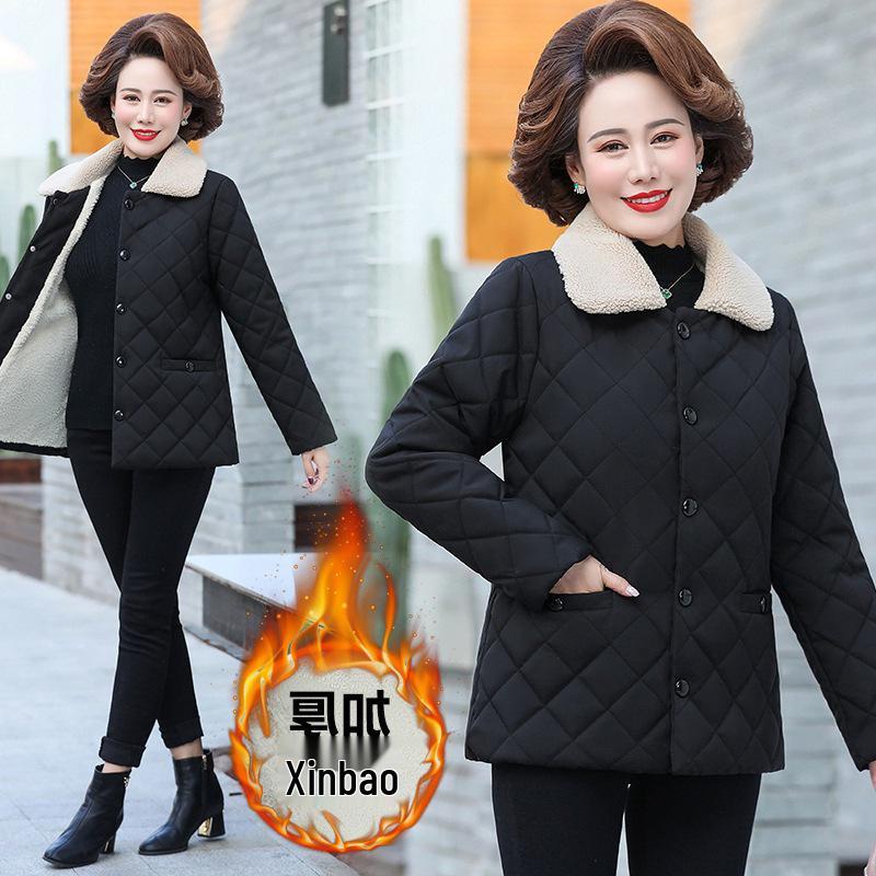 Women's Plush Winter Cotton Jacket with Warm Lambswool Imitation for Middle-aged & Elderly – Thickened Autumn/Winter Lapel Coat