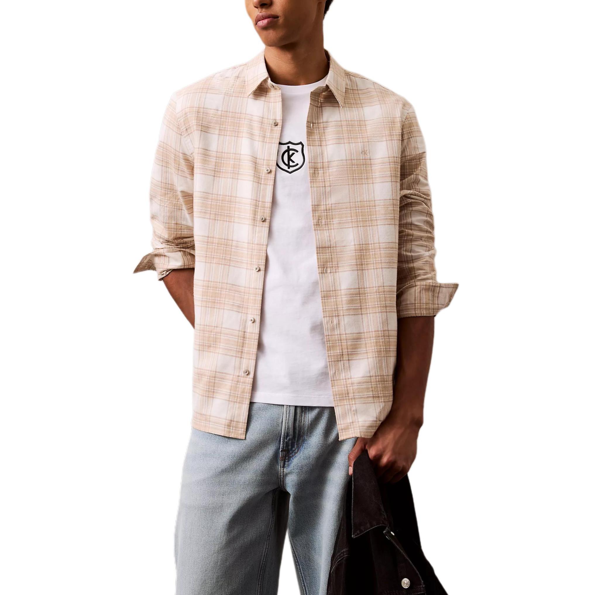 

Calvin Klein Casual Comfortable Plaid Point Collar Long Sleeve Shirt Men shirts Beige 40EM134-230 L