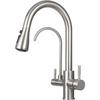 Torneira de 3 Vias com Ducha Extraível & Saída de Água Filtrada, Torneira de Cozinha com Duas Alças em Aço Inoxidável, Rotação de 360° Água Potável