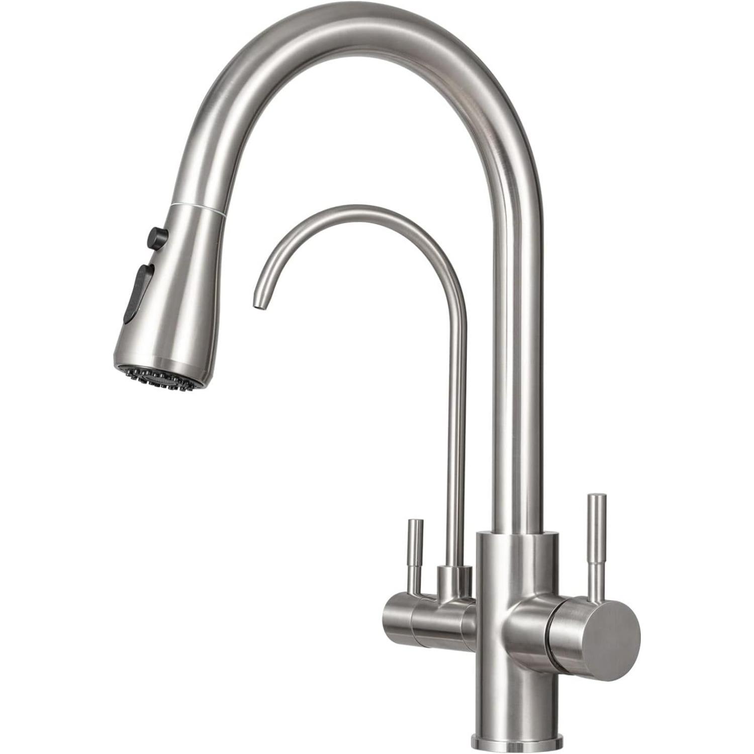 

Robinet 3 Voies avec Douchette Extractible & Sortie Eau Filtrée, Robinet de Cuisine à Double Poignée Acier Inoxydable, Rotation à 360 °Eau Potable A1