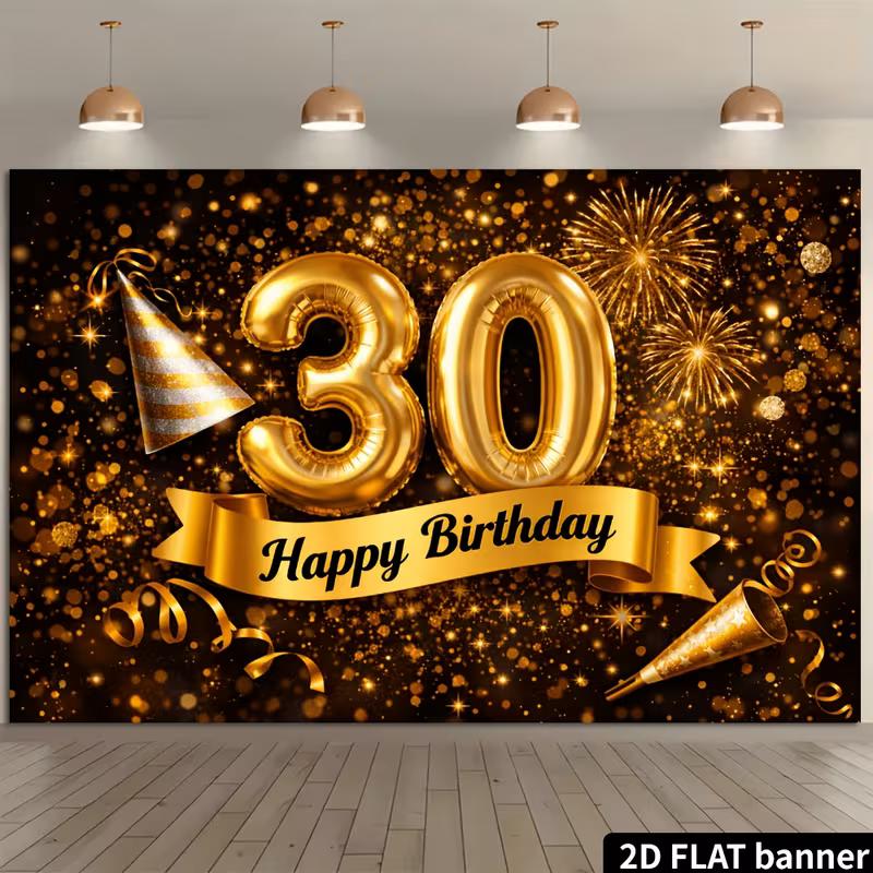 Sfondo Nero Oro 2D per il 30° Compleanno per Fotografia Decorazioni Festa Happy Birthday
