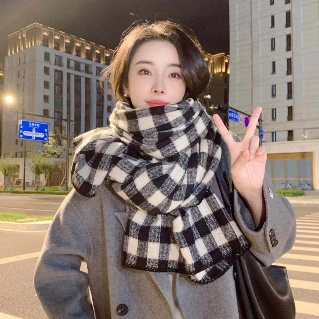 Korean Version of Scarf Women's Autumn and Winter New Versatile Imitation Cashmere Black and White Plaid High-end Couple Warm Scarf