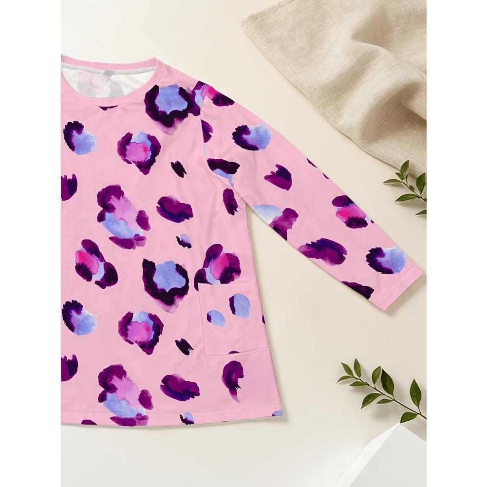 Foundation watercolor leopard print long-sleeved large-size women's T-shirt, double pocket crew neck design