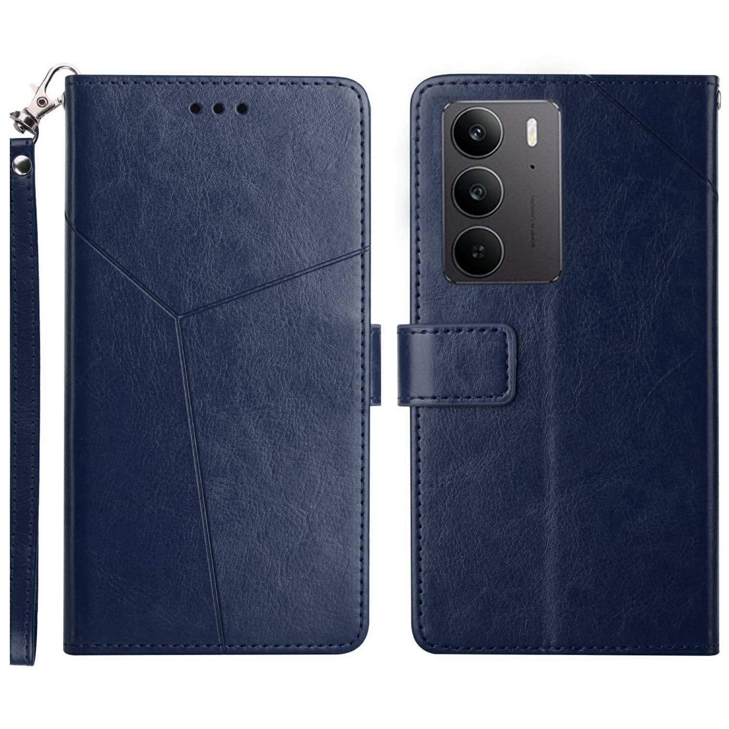 

Чехол для Realme C75 4G с ремешком на запястье, кожаный чехол для телефона с тиснением в виде Y-образных линий Blue