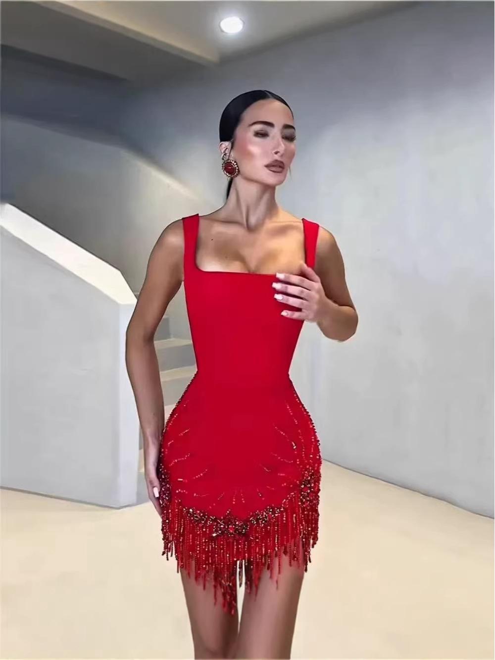 

Европейское и американское облегающее платье-бандаж без бретелей с бахромой и стразами на бретельках-спагетти – Элегантное платье для ночного клуба Large белый