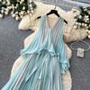 High-end vacation style sleeveless neck dress women's summer mint green lotus leaf edge pleated temperament long dress