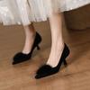 New Women's Pumps Faux Fur Boat Shoes Pointed Toe Med Heels Office Lady Shoes Black Slip On Thin Heels Dress Shoes Autumn