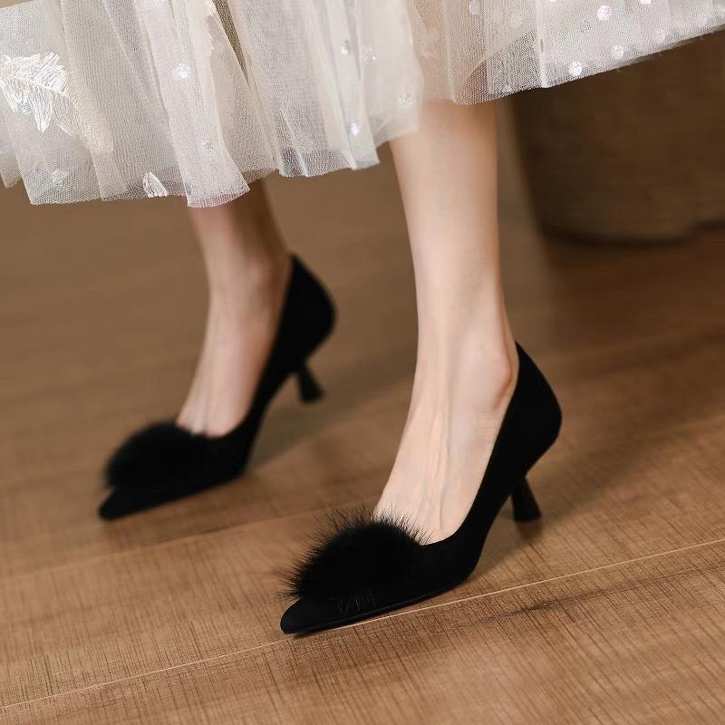 New Women's Pumps Faux Fur Boat Shoes Pointed Toe Med Heels Office Lady Shoes Black Slip On Thin Heels Dress Shoes Autumn