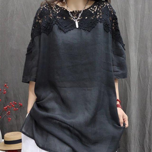 Cotton Linen Women Shirt Retro Hollow Lace Loose Casual Fashion Mid Sleeve Top