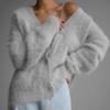 Women Mink Knitted Sweater Solid Color Cardigan Loose V Neck for Autumn Winter