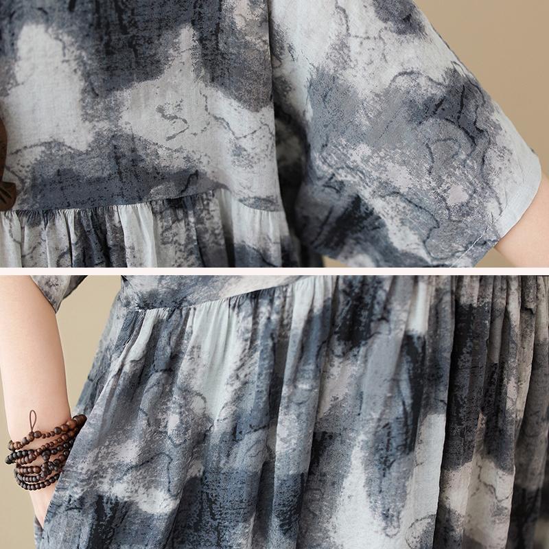 Summer New Loose Big Yards Retro Ethnic Style Cotton and Linen Ink Printing Short-sleeved Dress Women's Round Neck Long Skirt