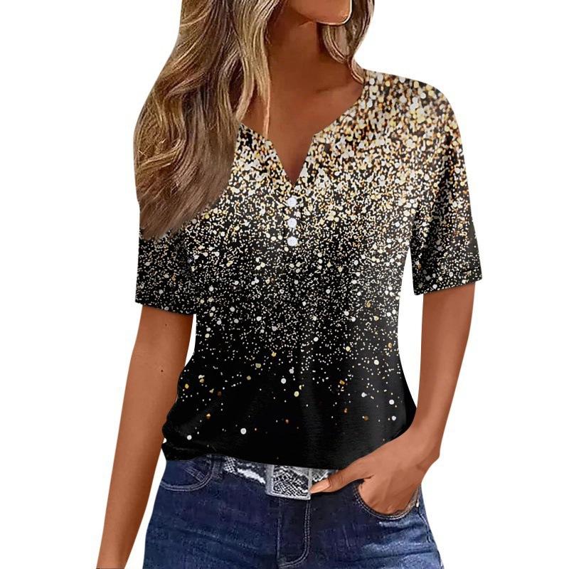 Print Short Sleeve European Style Women Clothing T-Shirt V-Neck