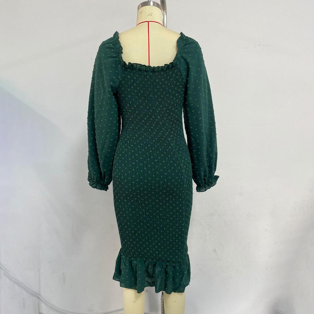 Sukienki Damskie Wiosna Lato z Brzegiem w Kształcie Grzyba, Długim Rękawem, Kwadratowym Dekoltem, Dopasowane, Wysokim Stanem, Średniej Długości, Syrenka S-XL