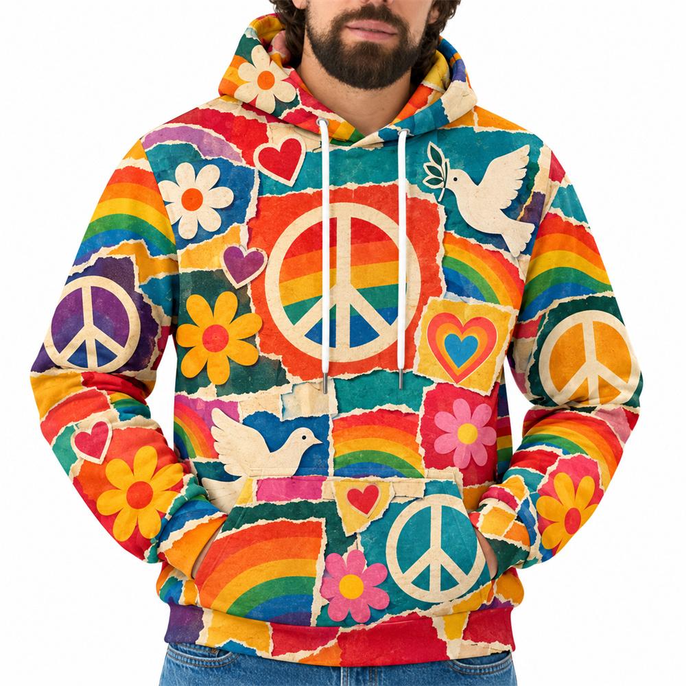 Colorful Peace Sign Hoodie For Men Retro Hippie Flower Heart 3D Printed Pullover Hoodie Checkerboard Graphic Hooded Sweatshirt