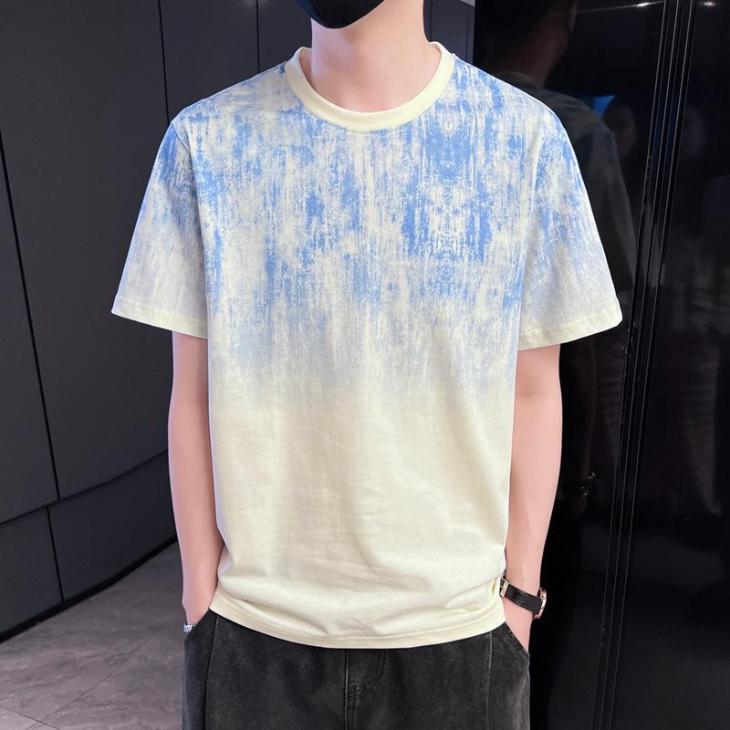 Letnia męska luźna koszula z krótkim rękawem, top z okrągłym dekoltem, kwiecista, rękaw pięć ósmych, koszula z krótkim rękawem