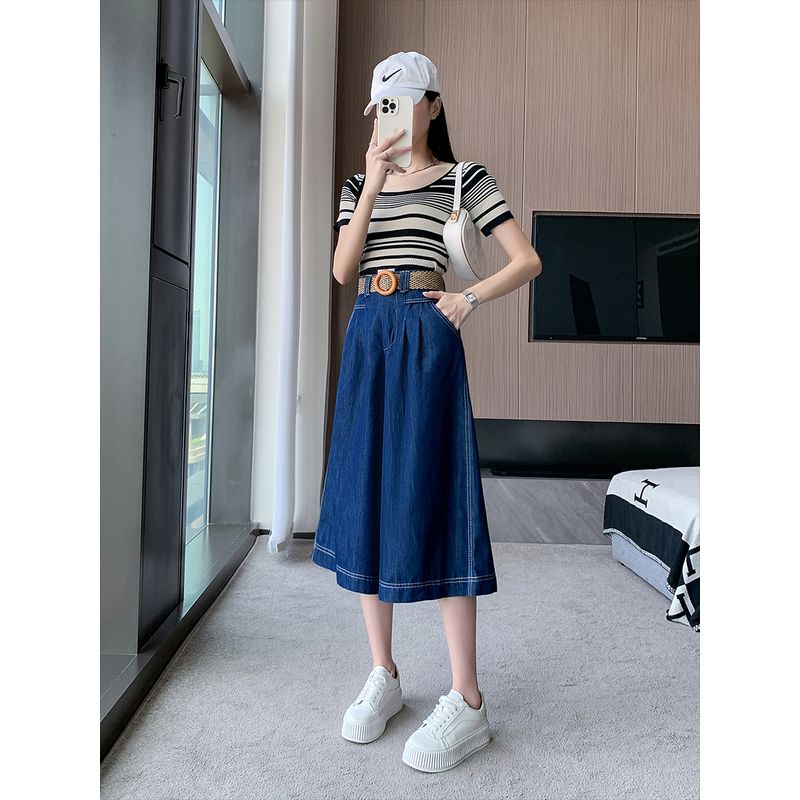

Japanese and Korean Summer Plus Size Artistic Hong Kong Style High Waist Thin Casual Loose Denim Tencel Cropped Loose Pants Belt Blue(Figure) 4XL