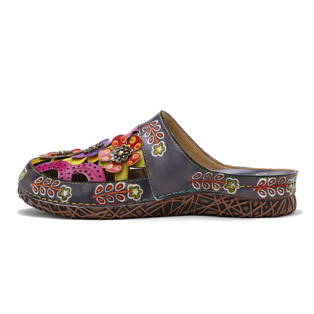 Johnature Pantoufles Femmes Chaussures En Cuir Véritable Peint À La Main À L'extérieur Diapositives À La Main Fleur Sandales Plates