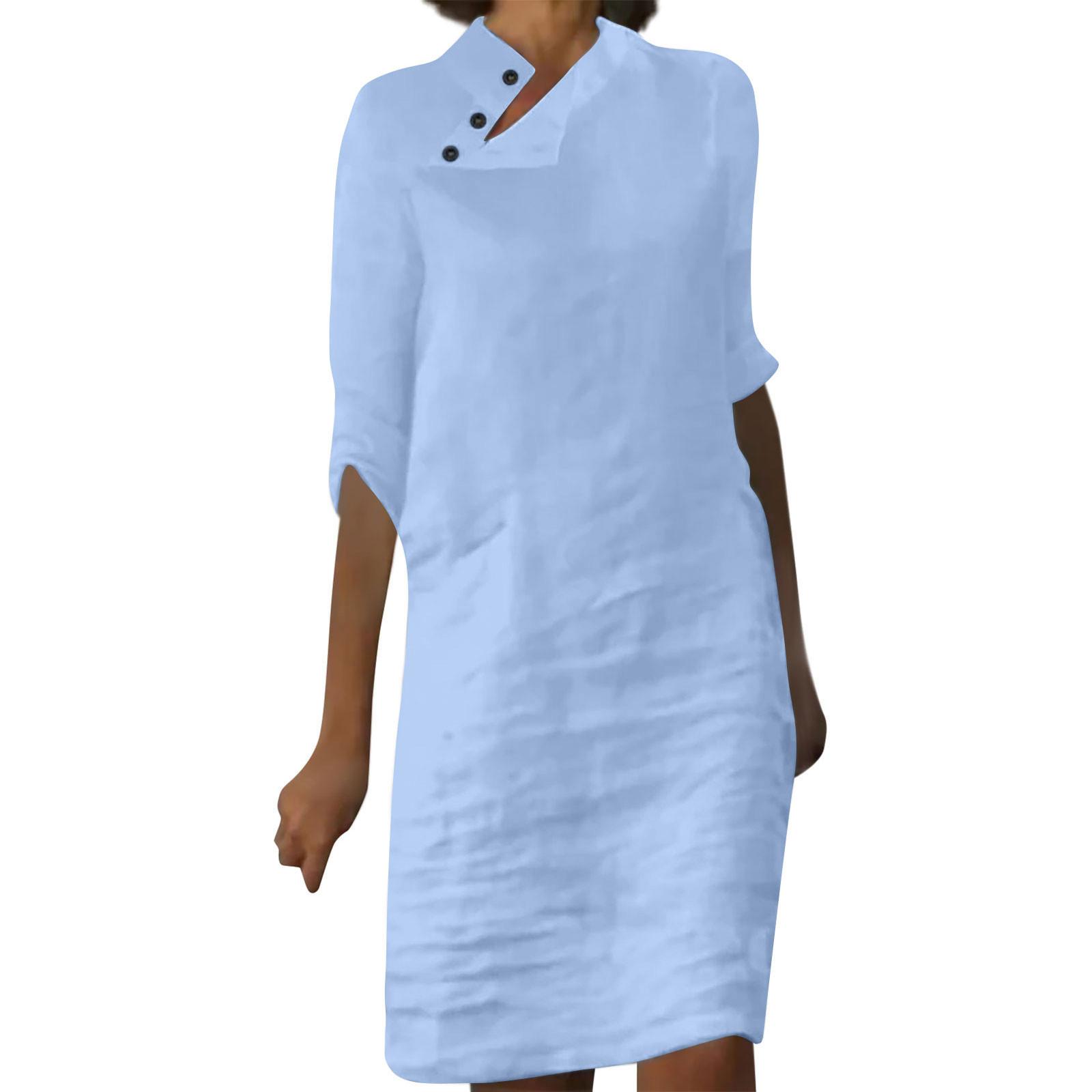 

Женское летнее однотонное хлопково-льняное платье на пуговицах, однотонное платье со средними рукавами, однотонное летнее свободное повседневное платье S синий