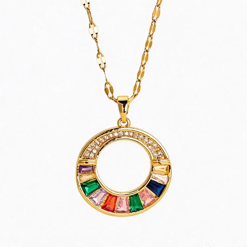 Trendy Colorful Zirconia Donut Pendant Titanium Steel Necklace for Women