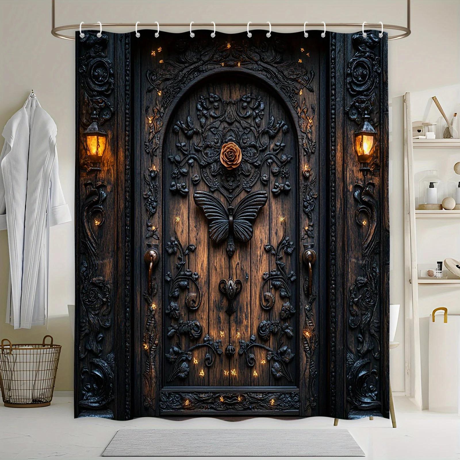 

Ornate Wooden Door Bath Curtain - Intricate Carvings with Amber Rose, Butterfly & Vintage Lanterns, Gothic Victorian Aesthetic W90xH180cm