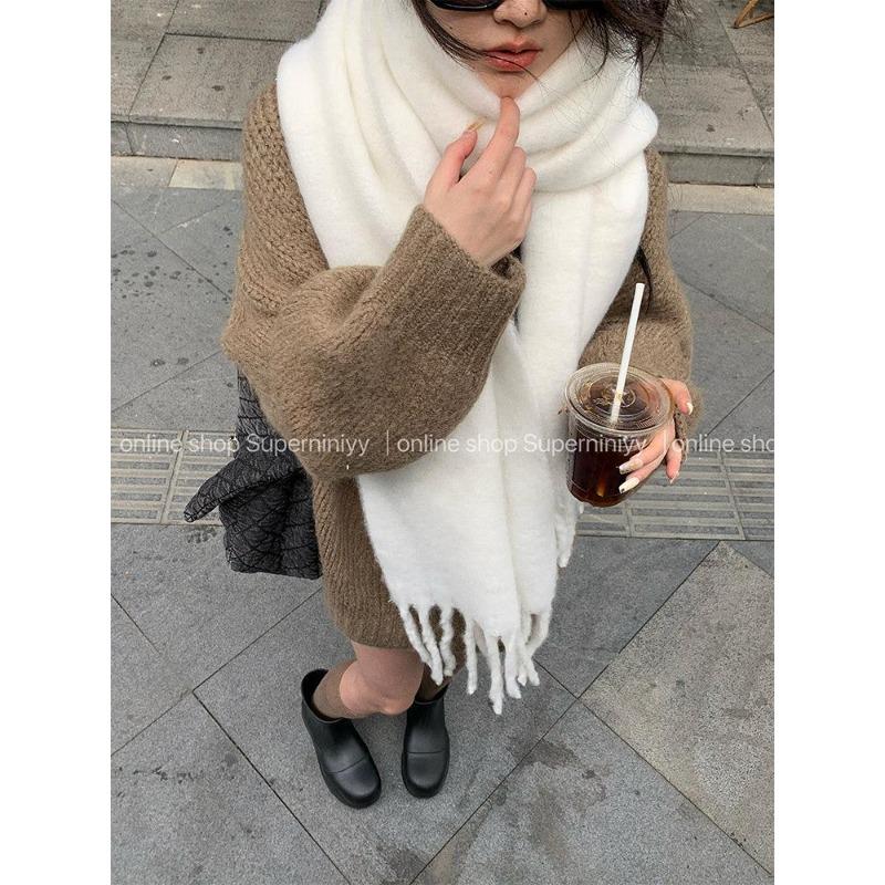Autumn and Winter Velvet Feel Long Warm Tassel Brushed Large Scarf for Women Solid Color Versatile