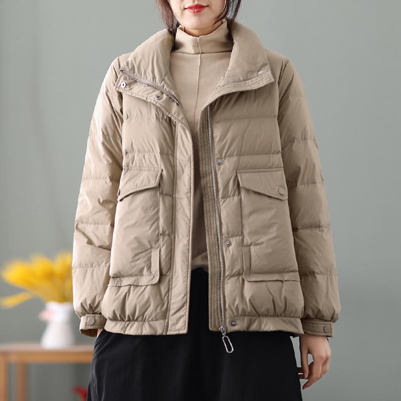 Down Jacket Women's Winter Literary Temperament Casual Stand-up Collar Warm Loose White Duck Down Short Thickened Coat