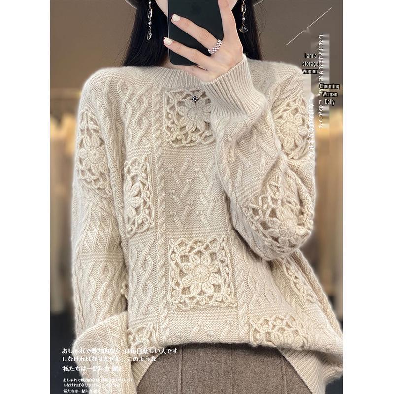 Women's 100% Pure Wool Crochet Loose Round-Neck Sweater - Heavy-Duty Trendy Base Layer