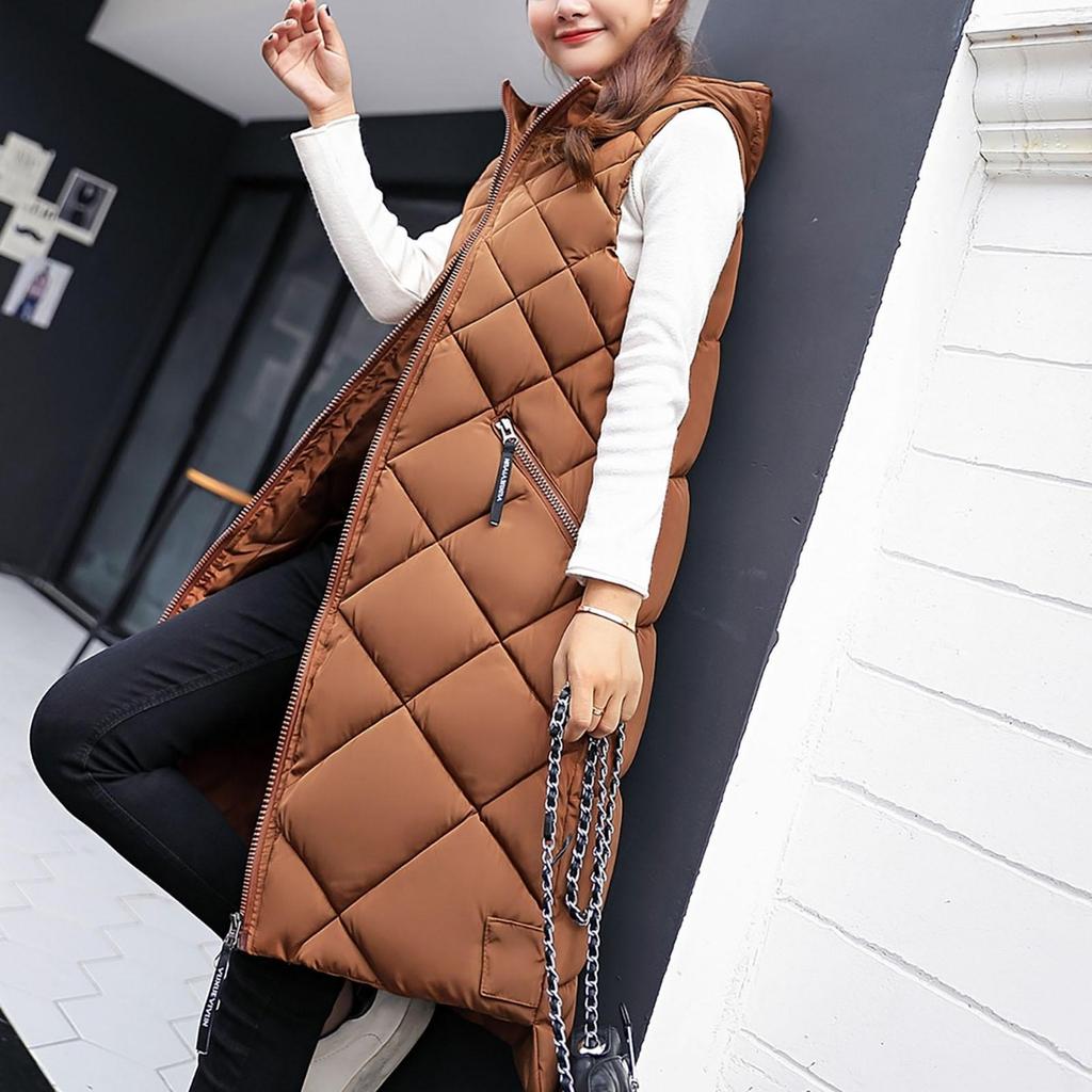 Warme Daunen-Kapuzenweste für Damen, leichte Steppweste, lockerer Reißverschluss, Outdoor-Weste