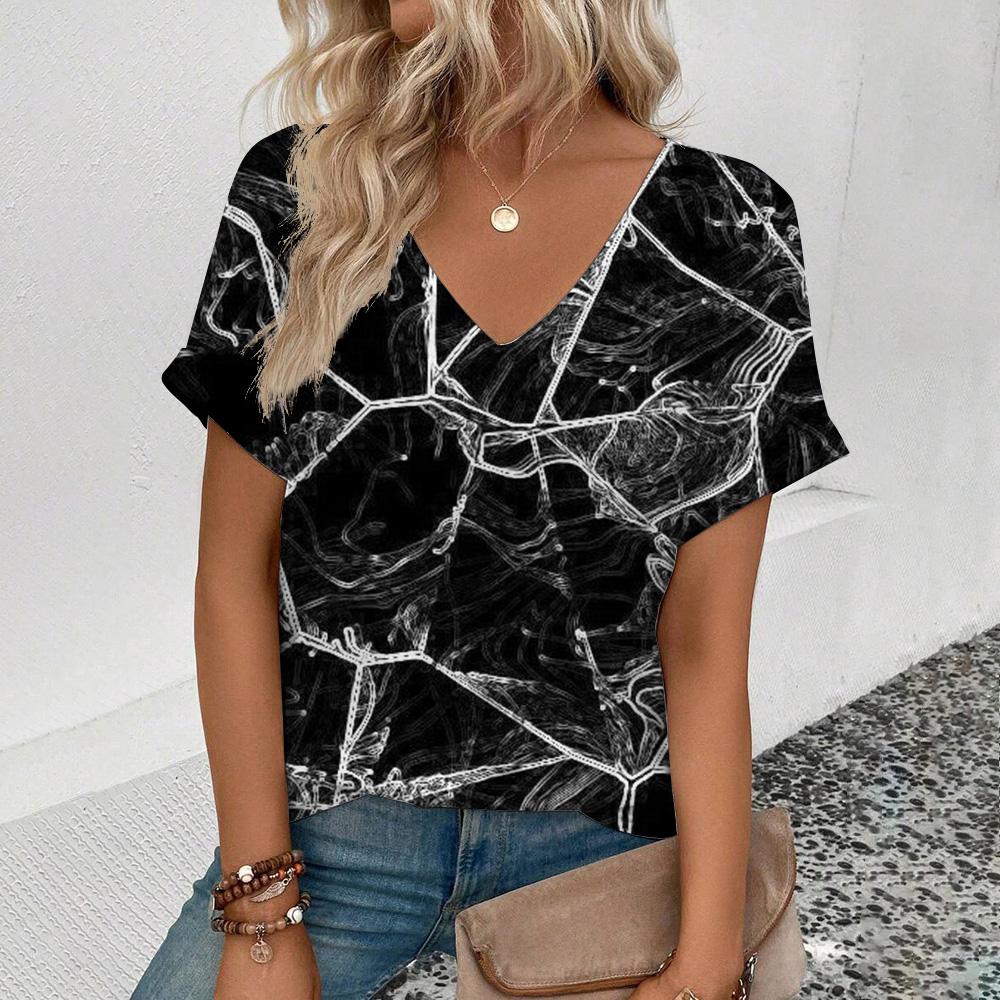Women's V-neck T-shirt Retro Stripe Pattern Print T-shirt Fashion Women's Short Sleeved T-shirt 2024 Summer Leisure T-shirt