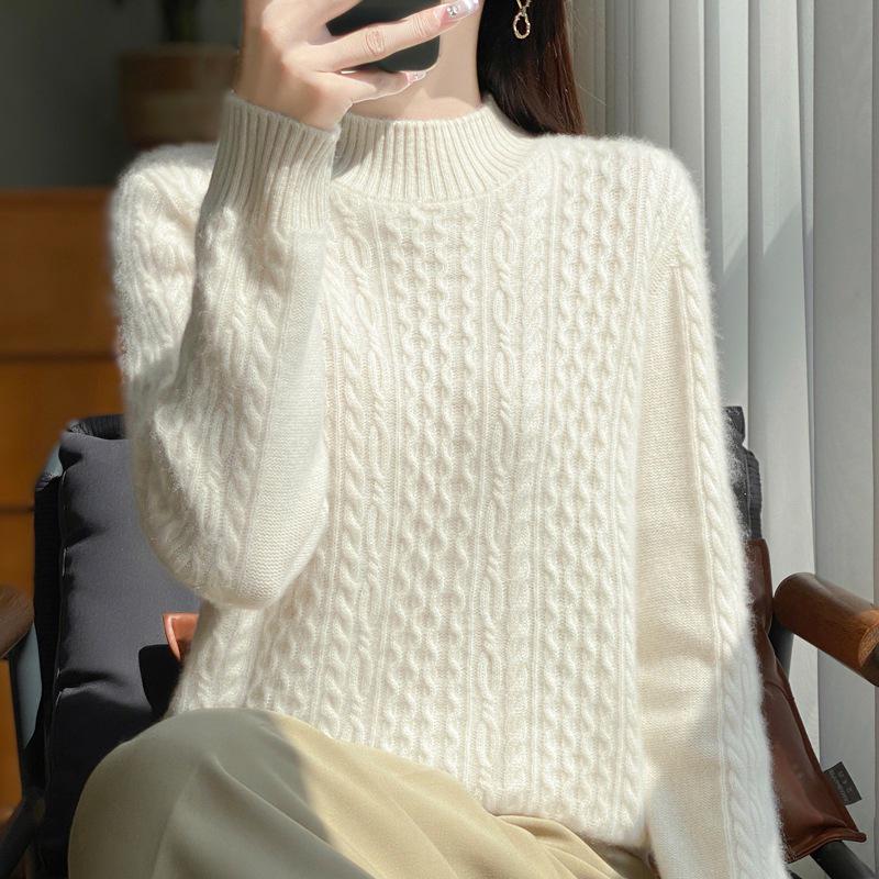 Thick Cable Knit Half-High Neck Wool Pullover Sweater