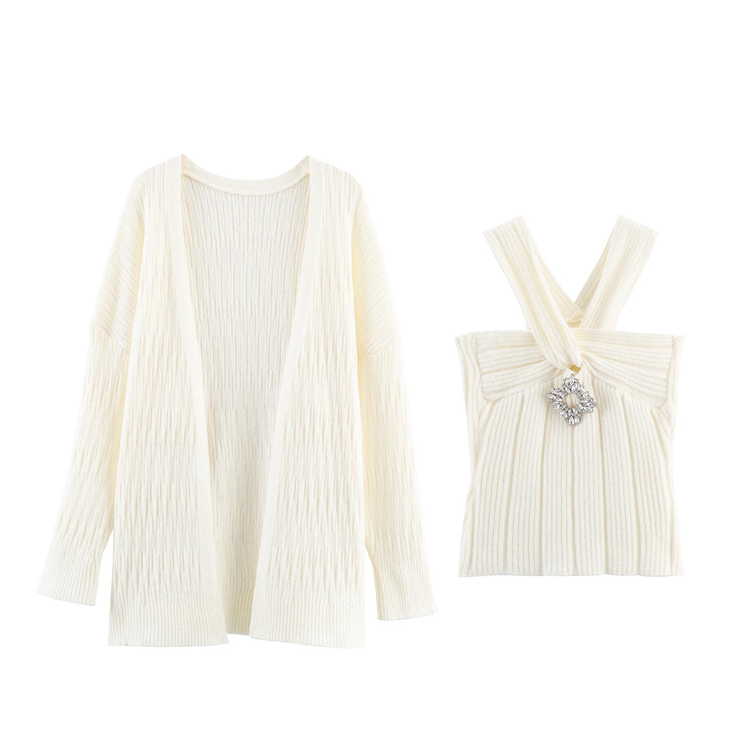 

European & American Women s Casual Fashion Knit Cardigan Vest Two-Piece Set M слоновая кость