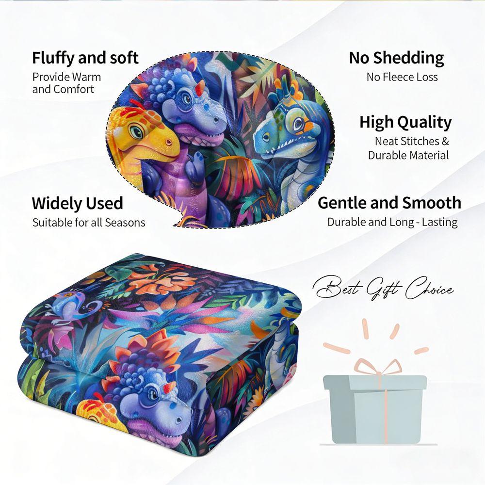 Soft Flannel Blanket Cartoon Jungle Dinosaur Print Throw Cozy Warm Bedding Blanket for Couch Sofa Bed Decorative Gift Blanket