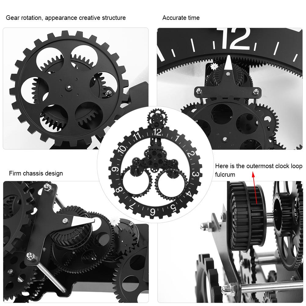 3D Modern Large Wall Art Rotary Gear Clock Mechanical Calendar Wheel Black