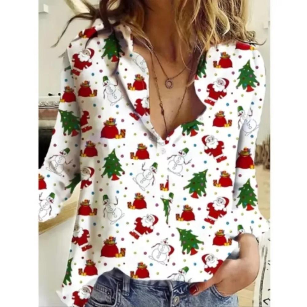 Green Red Christmas Snowflakes Print Women Shirts Tops Fashion Autumn New Long Sleeve Loose