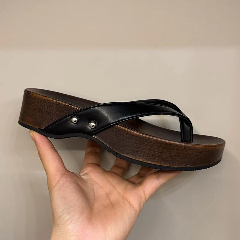 Fashion Women's Platform Slippers 2025 Summer New Japanese Retro Wood Grain Slippers Fashion Thick Sole Clip Toe Sandals Flip Flops