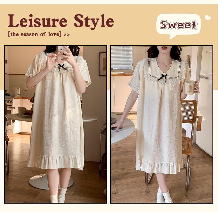 2026 Summer Women's Woven Cotton Nightgown with Bra Pads - Princess Style Short-Sleeve Long Dress