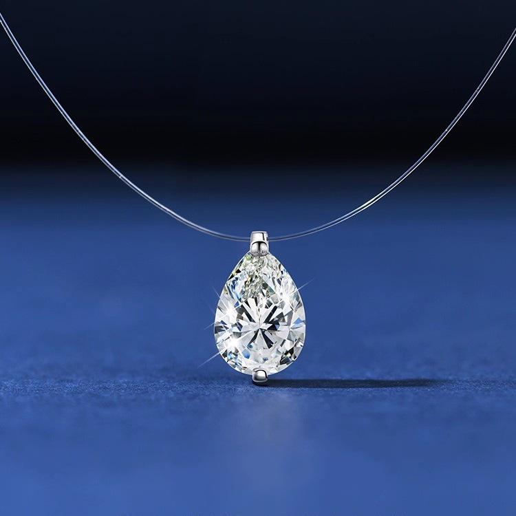 S925 Sterling Silver Invisible Clavicle Necklace with Elegant Mermaid's Tear Crystal Pendant.