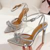 Fashion Luxury Women Shoes Transparent Silver CRYSTAL Women Pumps Fashion Ankle Strap Bridal Thin High Heels Spring Autumn Wedding Shoes