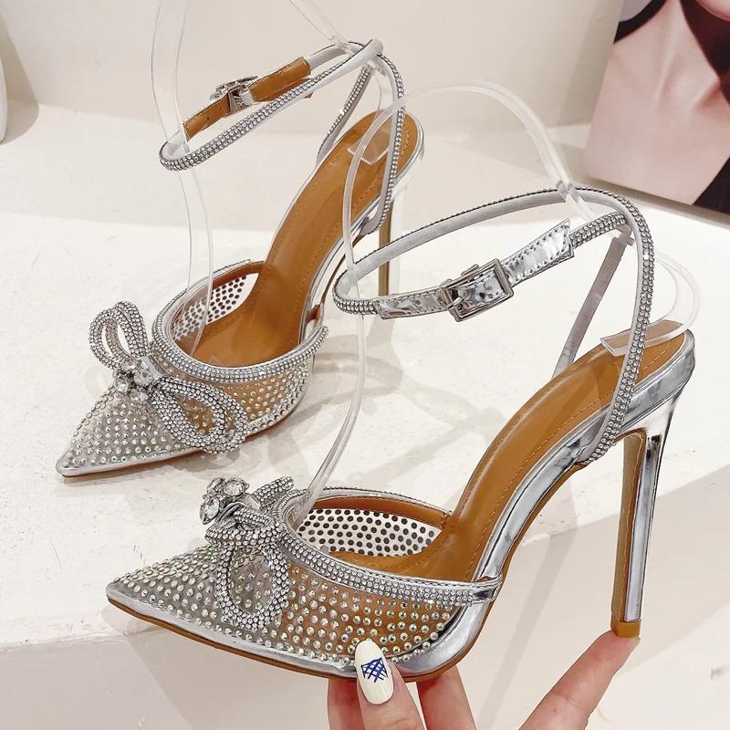 Fashion Luxury Women Shoes Transparent Silver CRYSTAL Women Pumps Fashion Ankle Strap Bridal Thin High Heels Spring Autumn Wedding Shoes