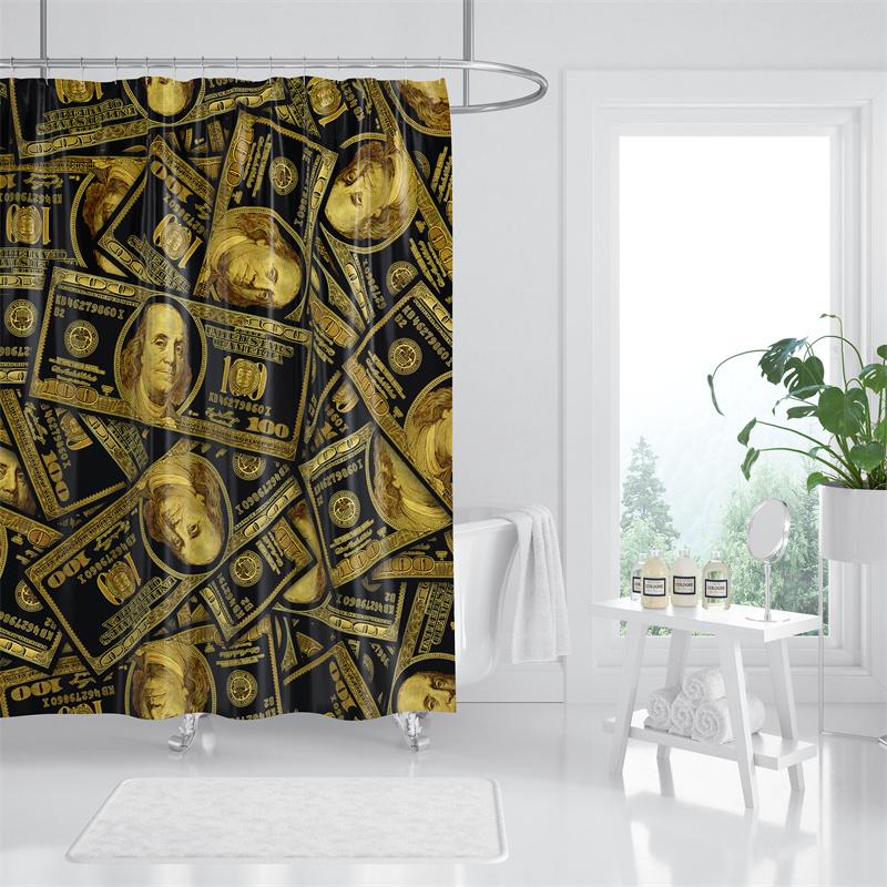 

Gaslight Gatekeep Girlboss Black Gold 100 Dollar Bills Seamless Shower Curtain Set With Grommets And Hooks For Bathroom Decor W60H190(CM)-1 Pcs