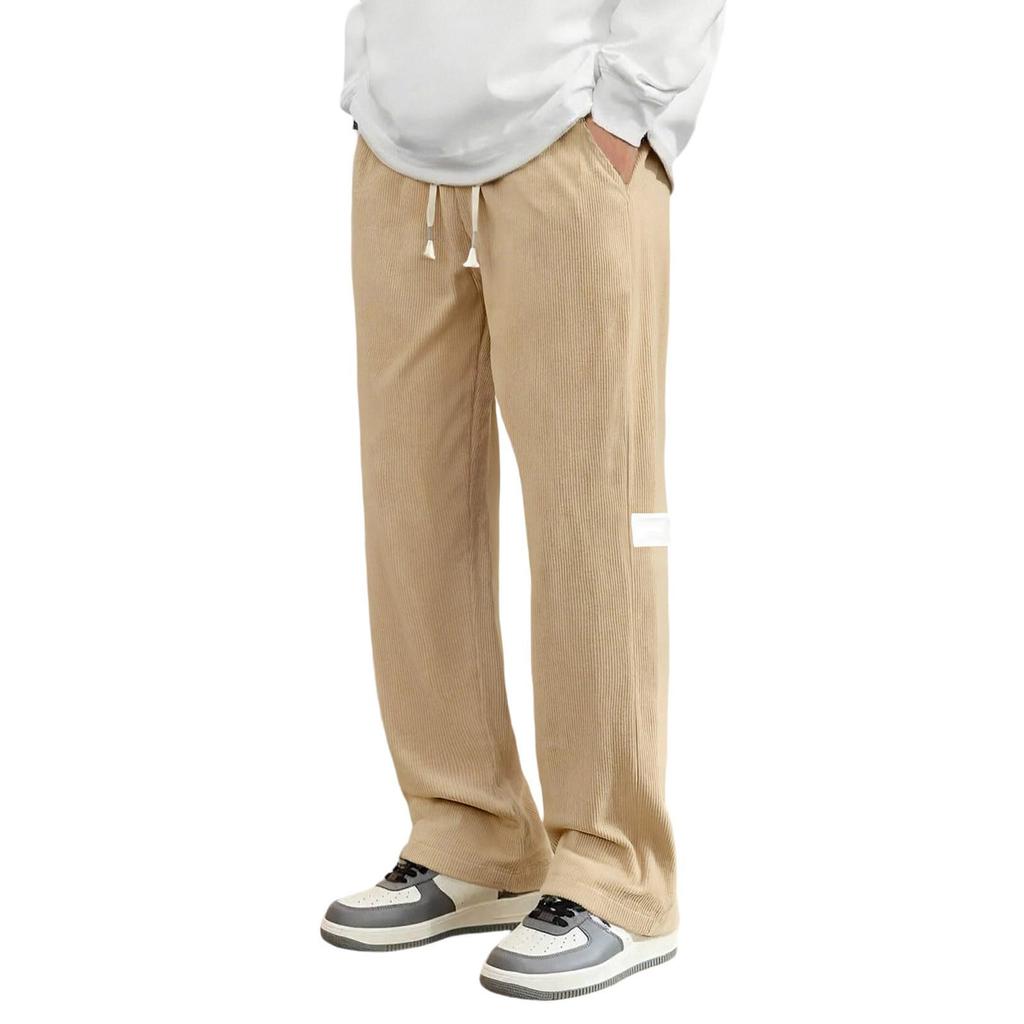 Men's Corduroy Drawstring Casual Pants, Loose Fit Straight Wide Leg Trousers