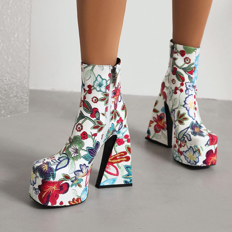 Botines de Tobillo para Mujer con Patrón de Flores Colorido, Super Escote Alto, Tacón Grueso, Punta Cuadrada, Plataforma, Cierre Lateral, Estampados, Cortos