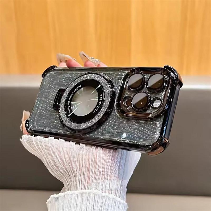 

Чехол с блестками и водяной рябью Magsafe с отверстием под логотип для iPhone 14 15 16 Pro Max 13 Pro, складной чехол-держатель для iPhone 16 Plus, твердый чехол iPhone 11 чёрный